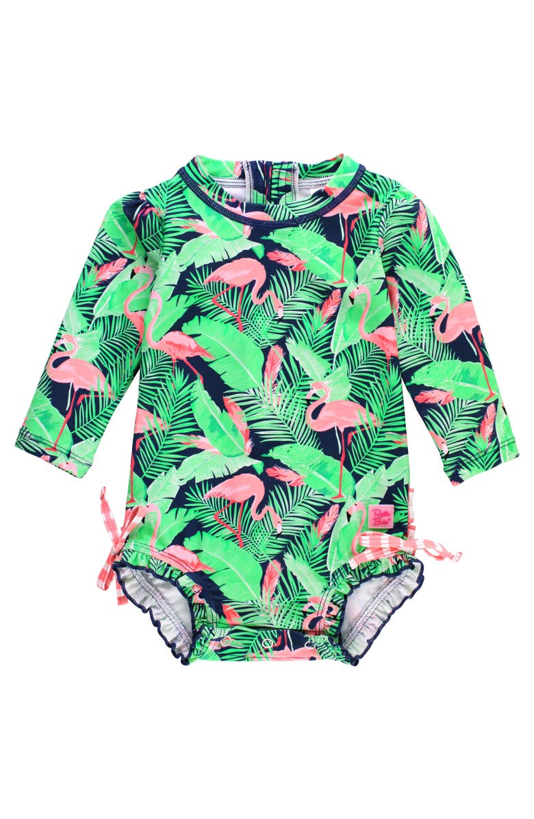 RuffleButts Long Sleeve UPF50 One Piece Rash Guard, Main, color, Flamingo Frenzy