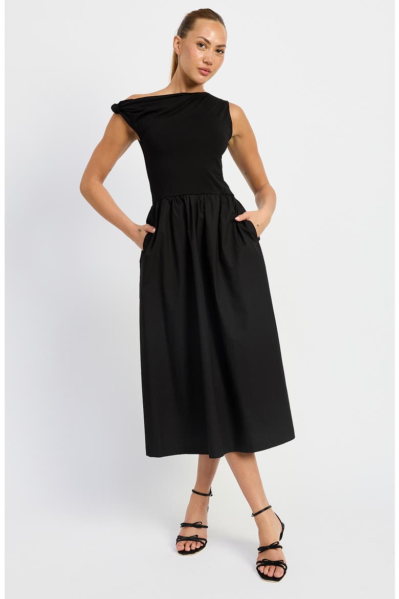 asymmetrical neck geometric midi dress Clarina | Black Asymmetric-Neck Midi Dress With Bow-Detail