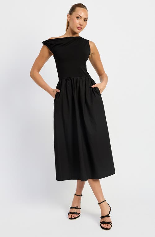 En Saison Mixed Media Asymmetric Neck Midi Dress In Black