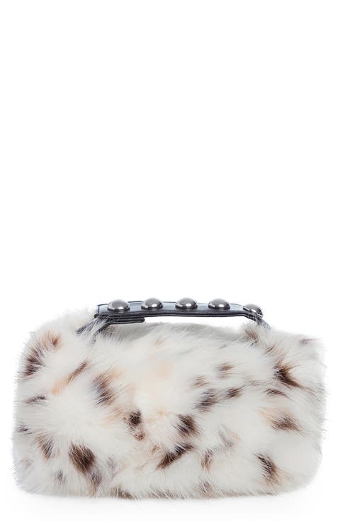 Marfa Snow Leopard Top Carry Handle Faux Fur Pouch