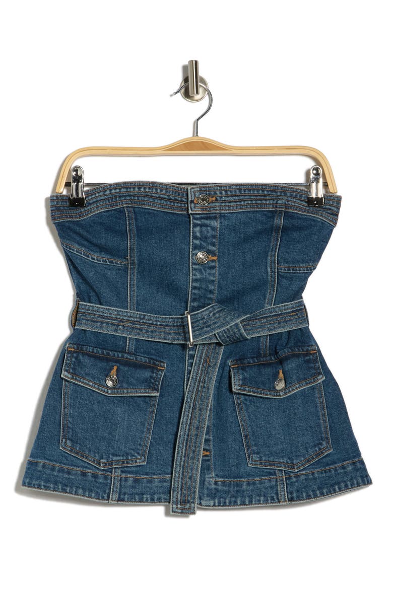 Cyan Belted Strapless Denim Bustier Top, Alternate, color, MARINE WASH