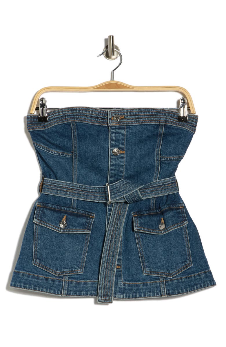 Simkhai Cyan Belted Strapless Denim Bustier Top, Main, color, Marine Wash