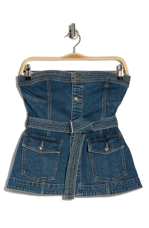 Cyan Belted Strapless Denim Bustier Top