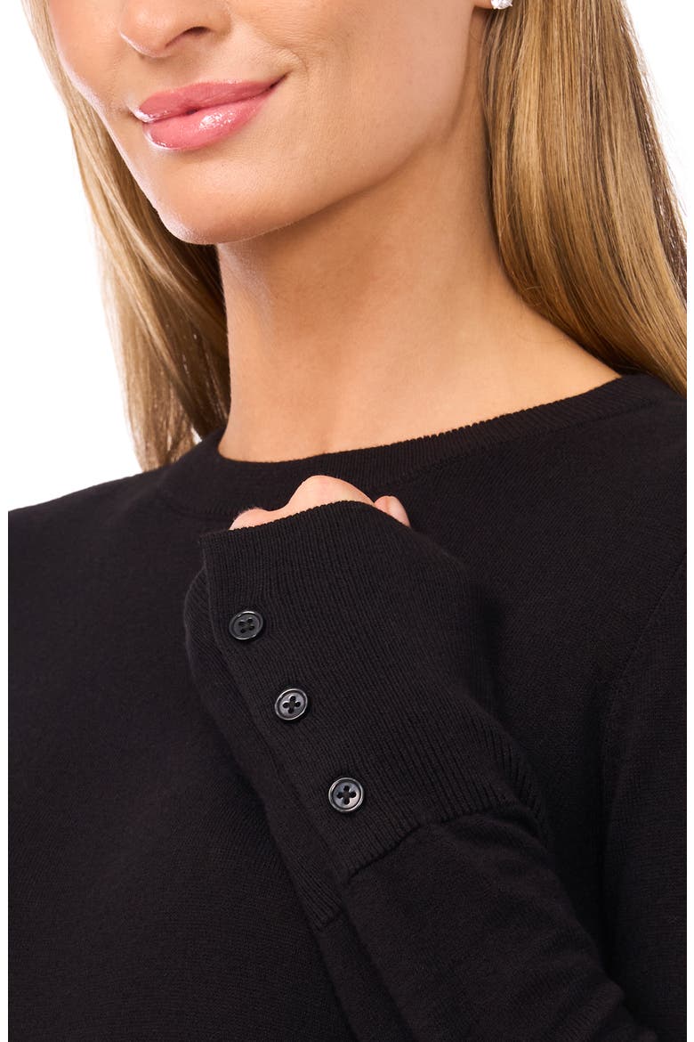 Button Cuff Crewneck Sweater, Alternate, color, RICH BLACK