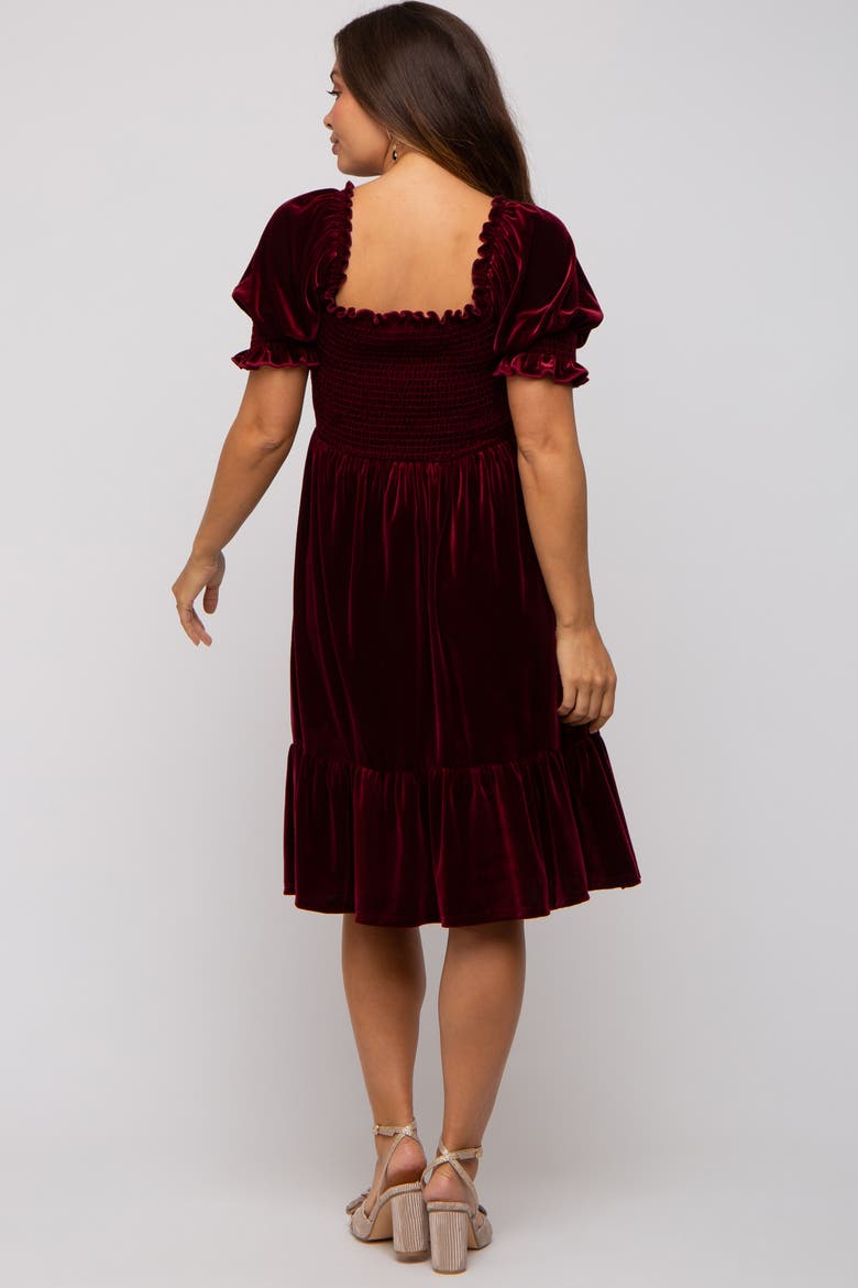 Velvet Smocked Puff Sleeve Dress, Alternate, color, Burgundy