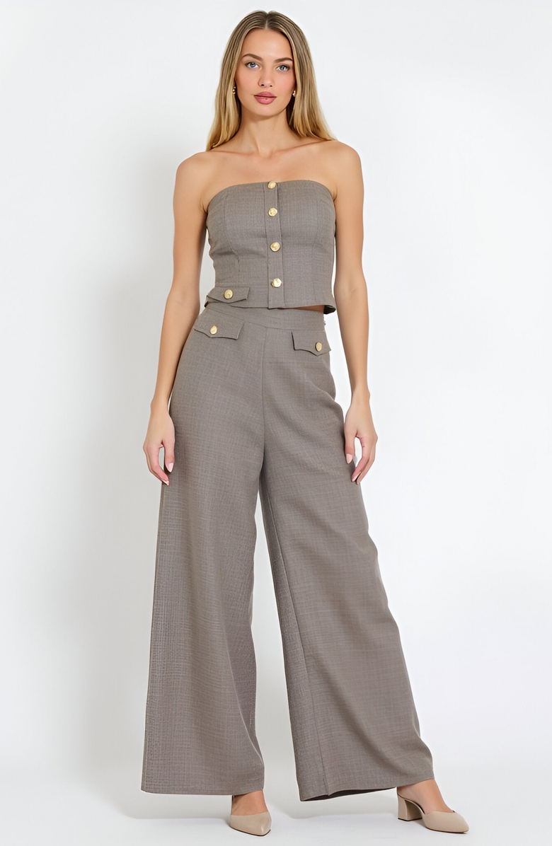 Modenaire Strapless Button-Front Crop Top and Wide-Leg Pants Two-Piece Set, Main, color, Grey
