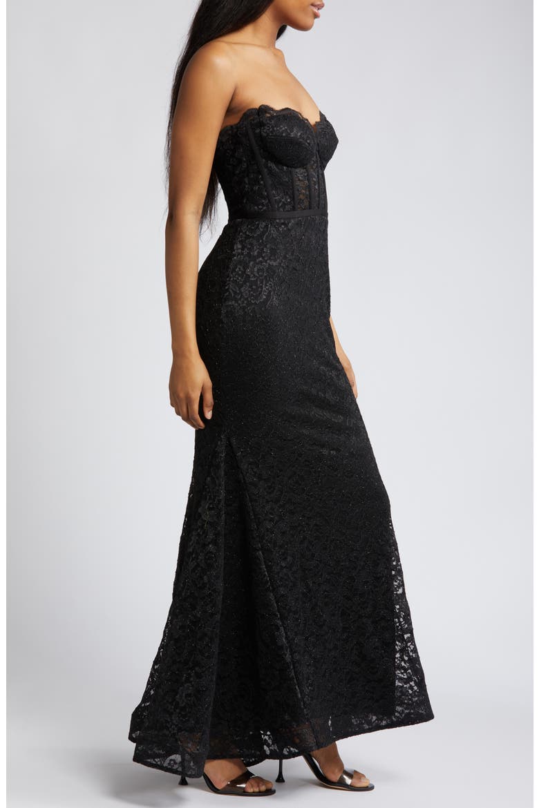 Glitter Lace Strapless Mermaid Gown, Alternate, color, BLACK