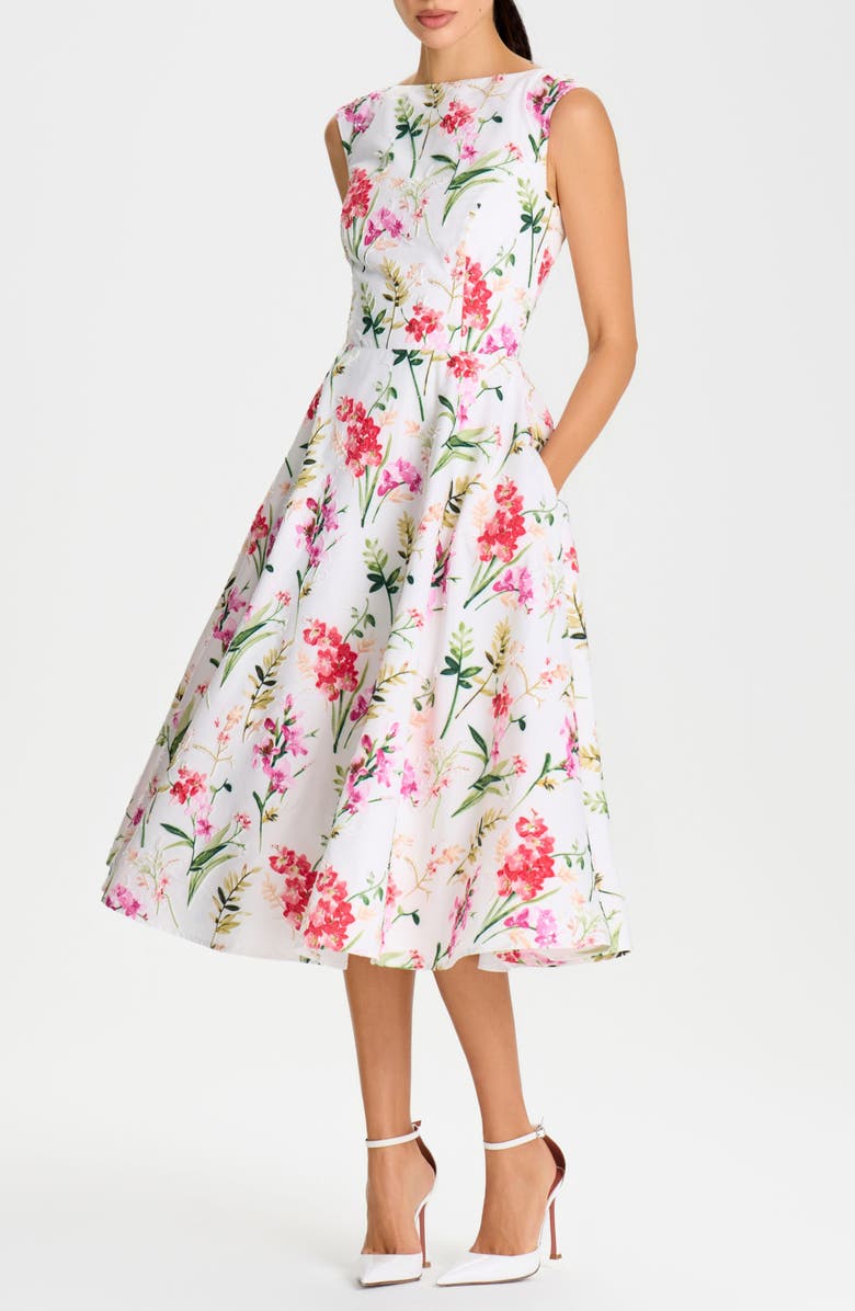 NADINE MERABI Adele Sequin Detail Floral Midi Dress, Alternate, color, White