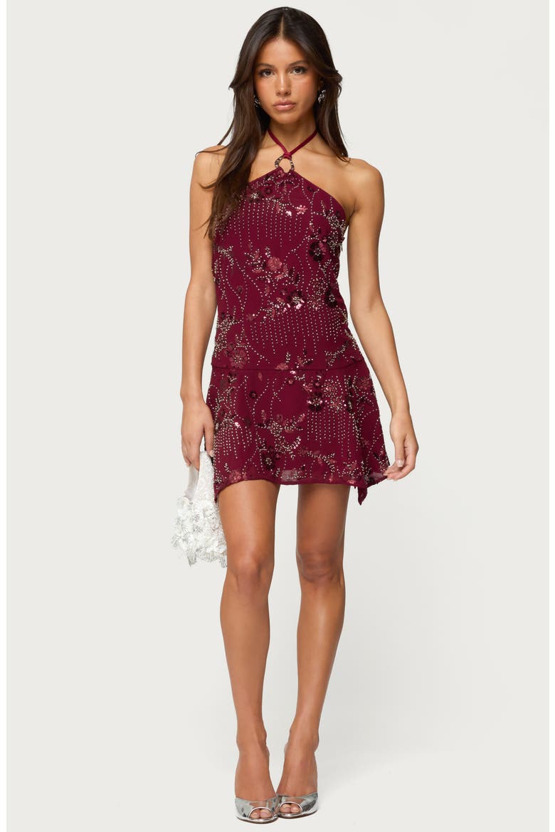 Adria Beaded Sequin Halter Minidress, Alternate, color, BURGUNDY