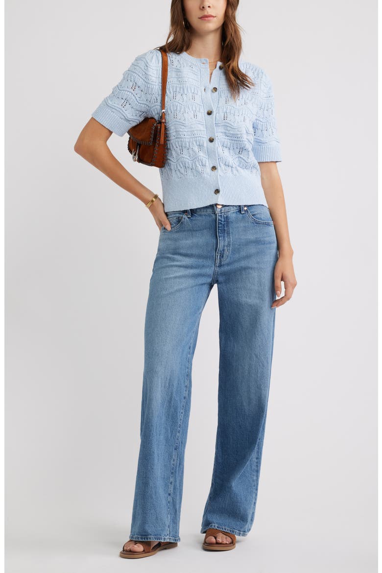 Short Sleeve Pointelle Cardigan, Alternate, color, BLUE SKYWAY