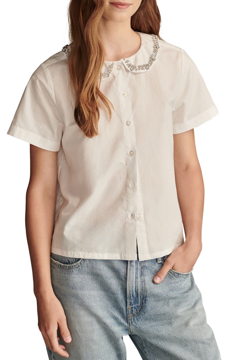 Lucky Brand Rhinestone Embellished Short Sleeve Cotton Button-Up Shirt, Main, color, Bright Whi