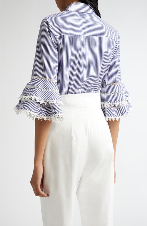 Shop Carolina Herrera Stripe Tiered Ruffle Sleeve Belted Poplin Shirtdress In White/blue