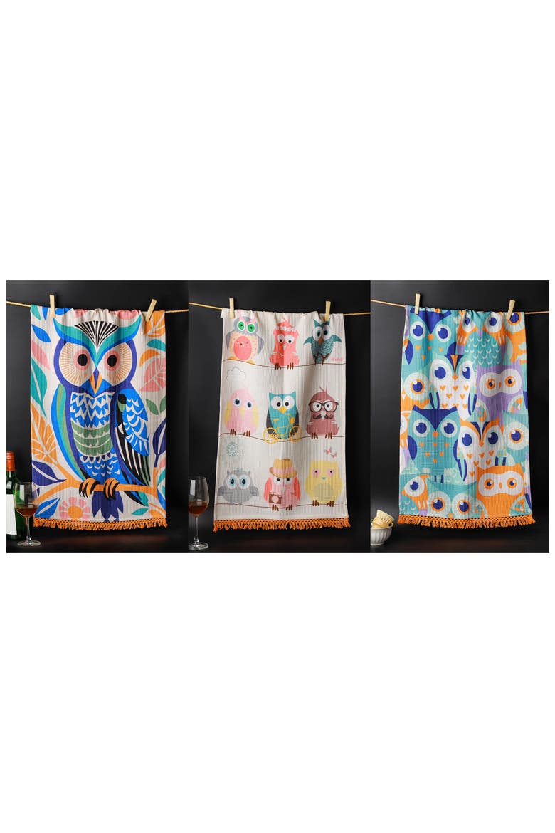 Whimsical Owl Set of 3 Kitchen Towels, Alternate, color, BRIGHT BLUE/ ORANGE/