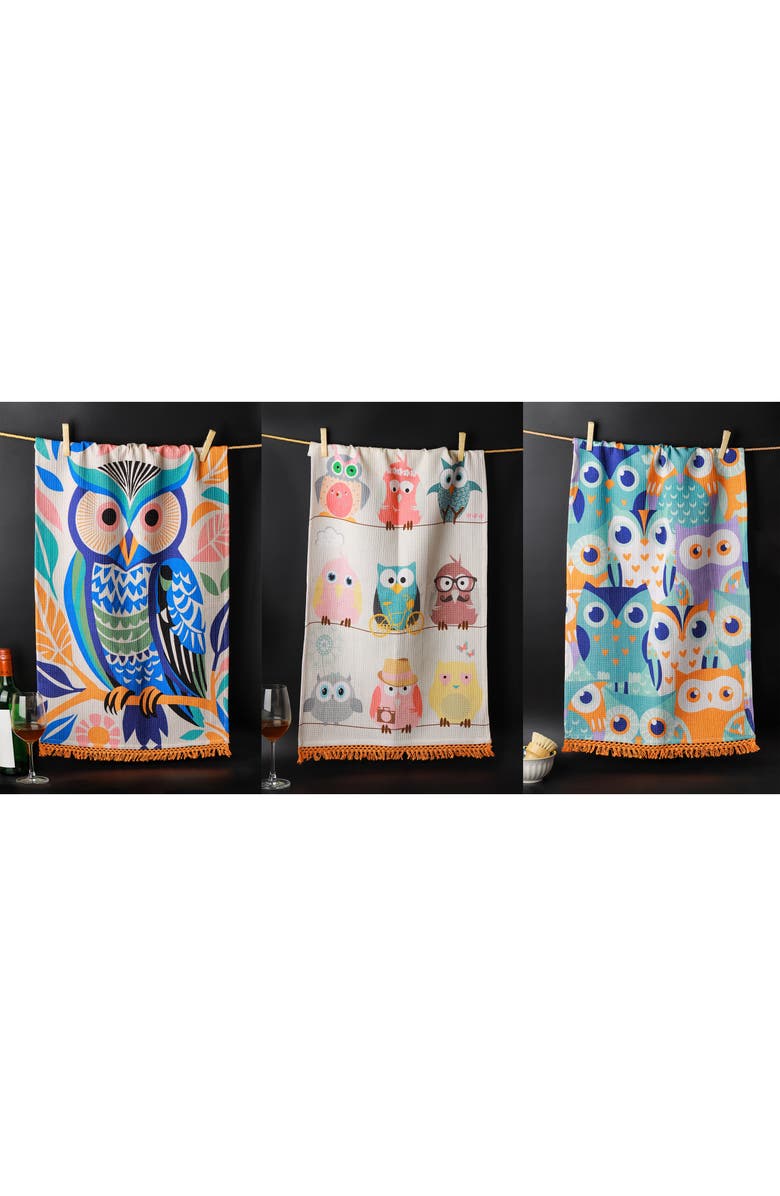 Tiramisu Whimsical Owl Set of 3 Kitchen Towels, Alternate, color, Bright Blue/ Orange/