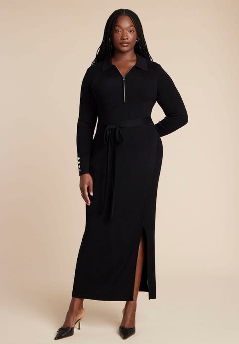 Zipper & Tie Sweater Dress (Plus Available)