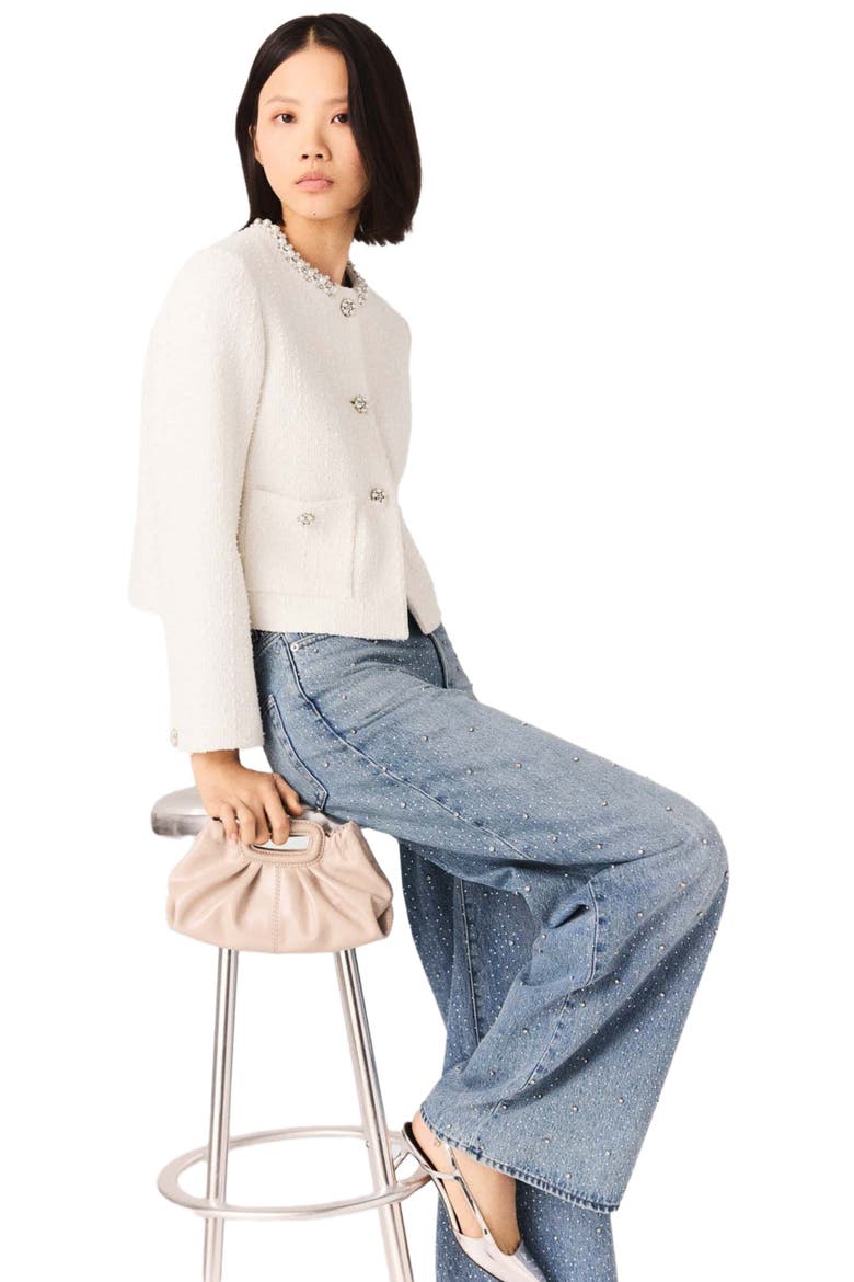 Pearl-trimmed tweed jacket, Alternate, color, Ecru