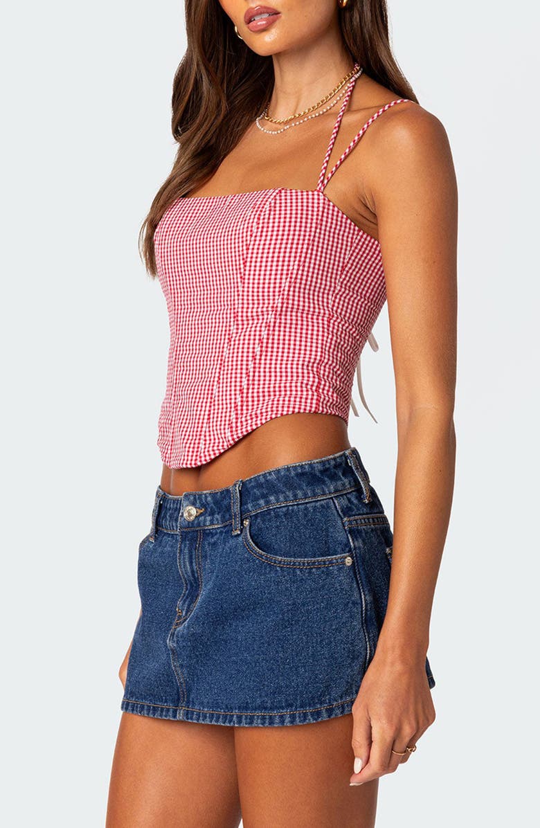 EDIKTED Pippa Gingham Lace-Up Back Corset Top, Alternate, color, Red