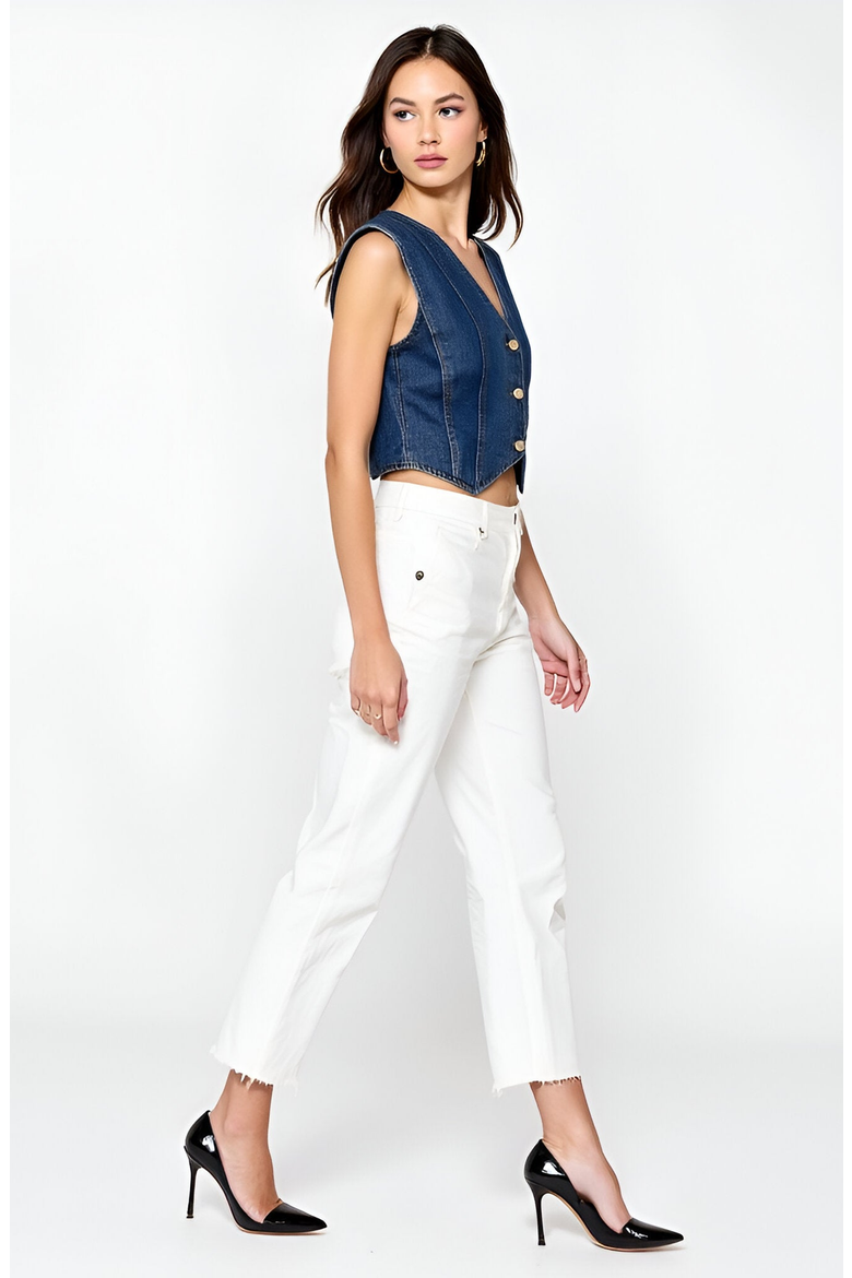 Angled Hem V-Neck Denim Vest, Alternate, color, Blue