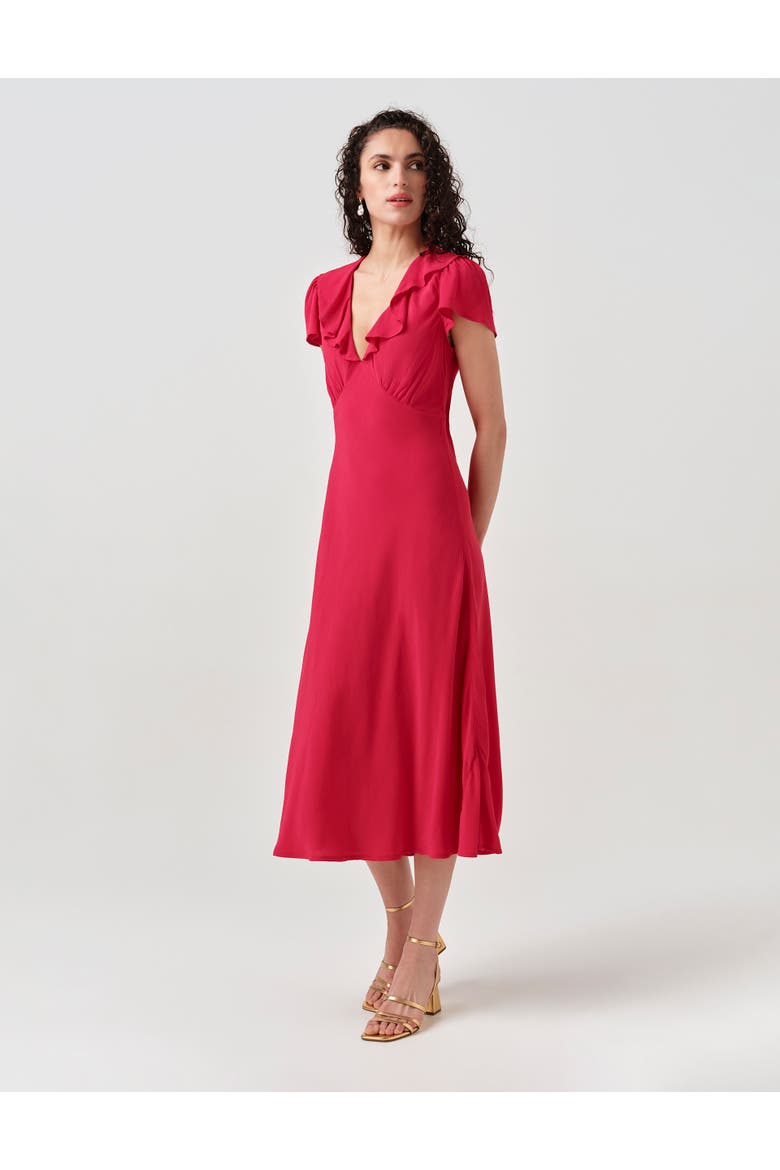 Kimmy Frill Neck Crepe Midi Dress, Alternate, color, Hot Pink
