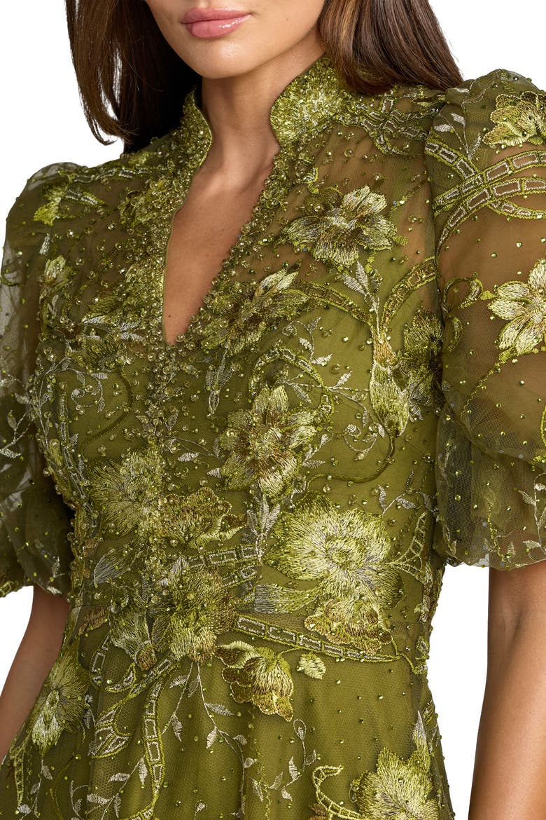 Queen Anne Puff Sleeve A-Line Gown, Alternate, color, Olive