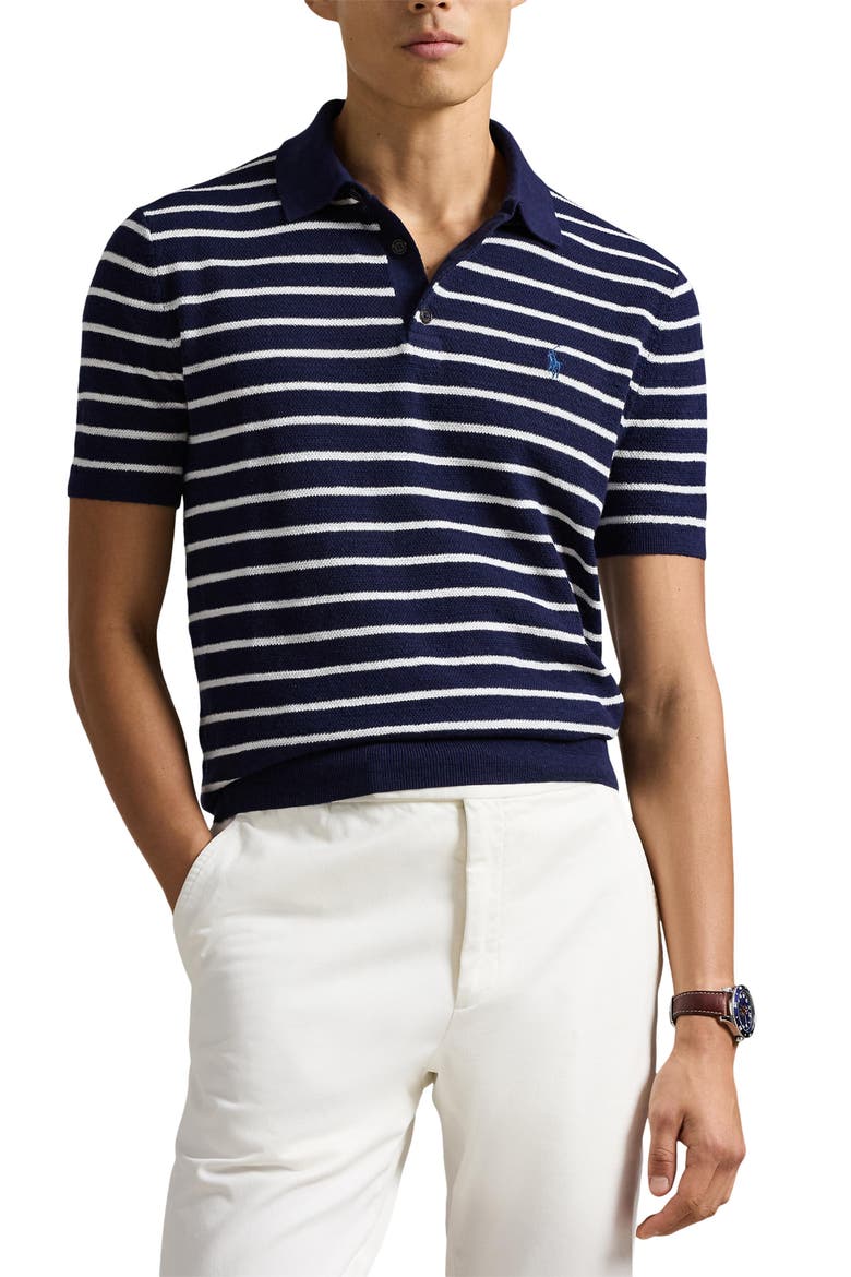 Stripe Cotton & Linen Polo Sweater, Main, color, BRIGHT NAVY COMBO