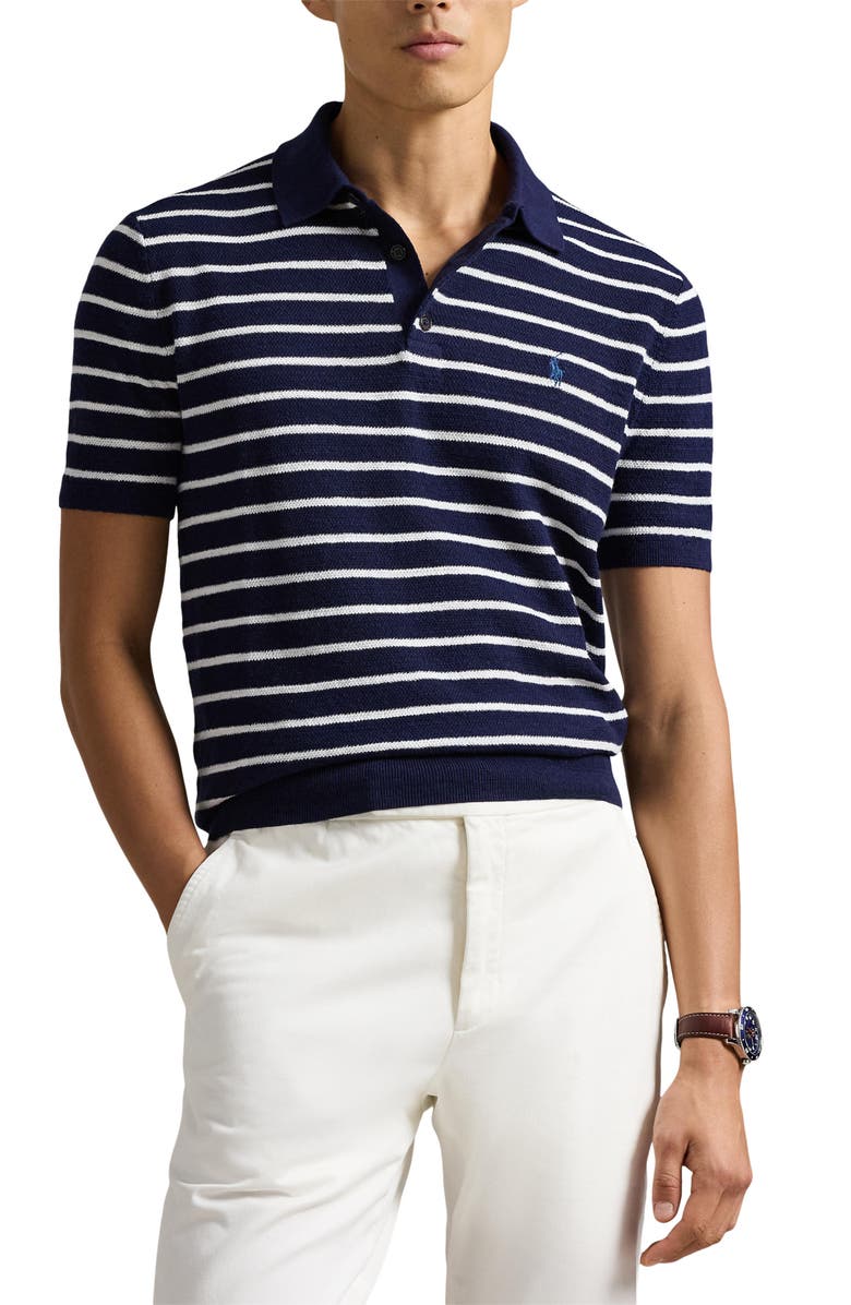 Polo Ralph Lauren Stripe Cotton & Linen Polo Sweater, Main, color, Bright Navy Combo