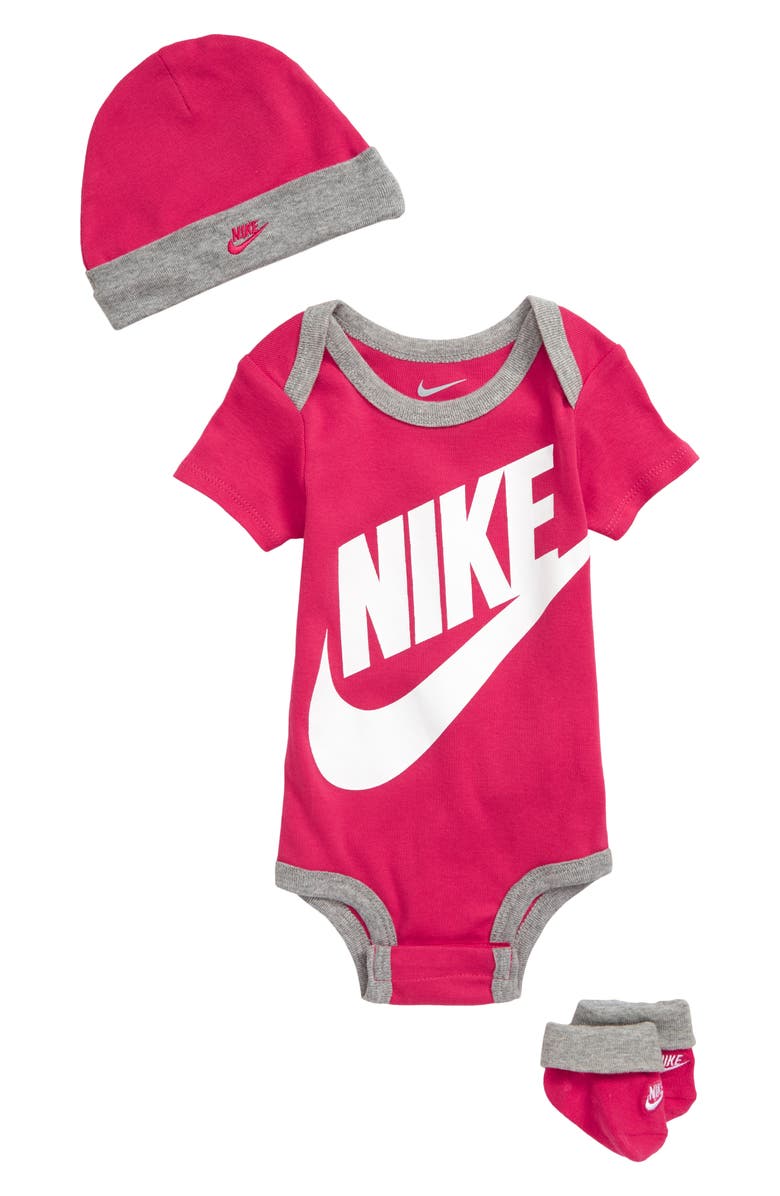 Nike Futura Logo Graphic Bodysuit, Hat & Booties Set, Main, color, 