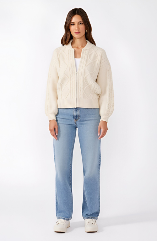 Modenaire Cable Knit Zip Front Cardigan With Diamond Pattern And Ribbed Trim Balloon Sleeves In White