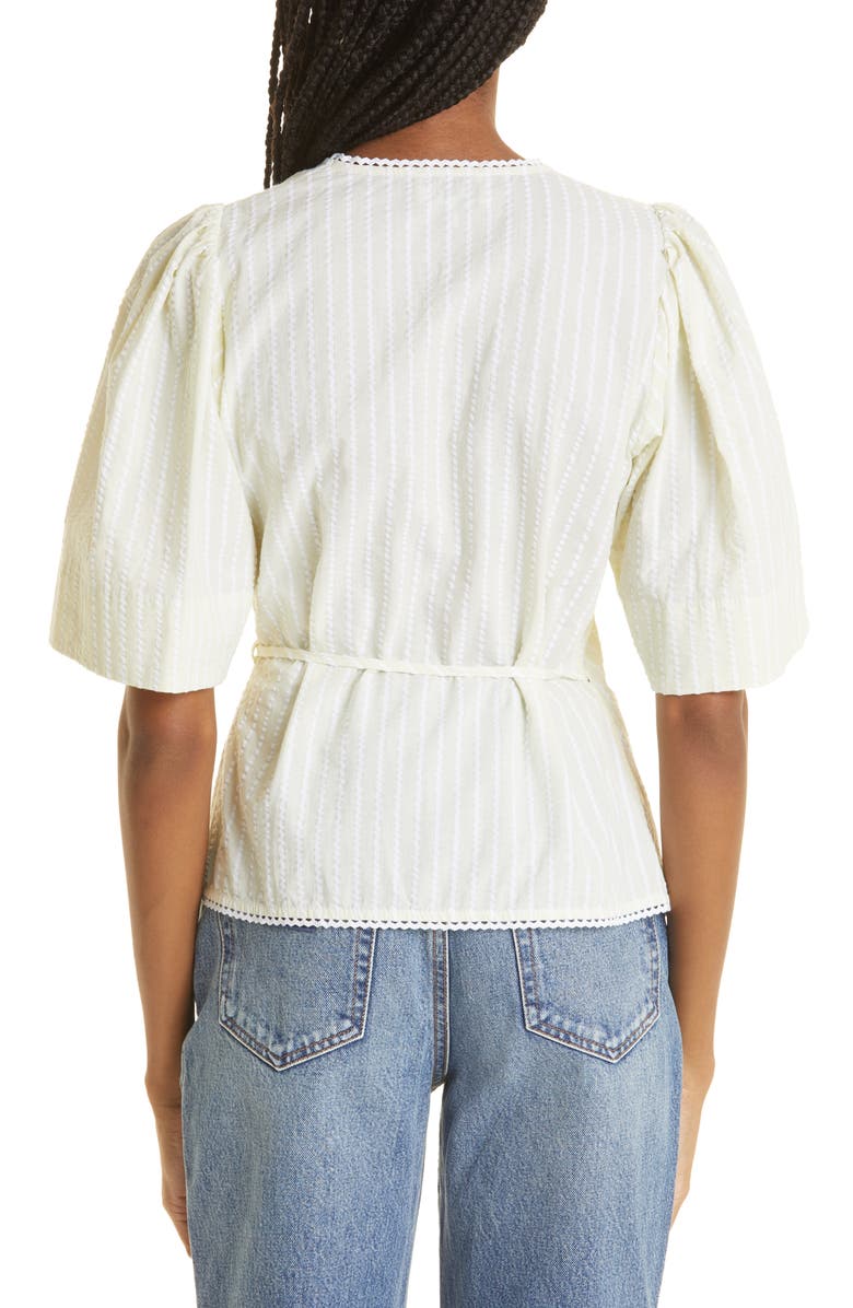 Ganni Seersucker Stripe Organic Cotton Wrap Top, Alternate, color, 