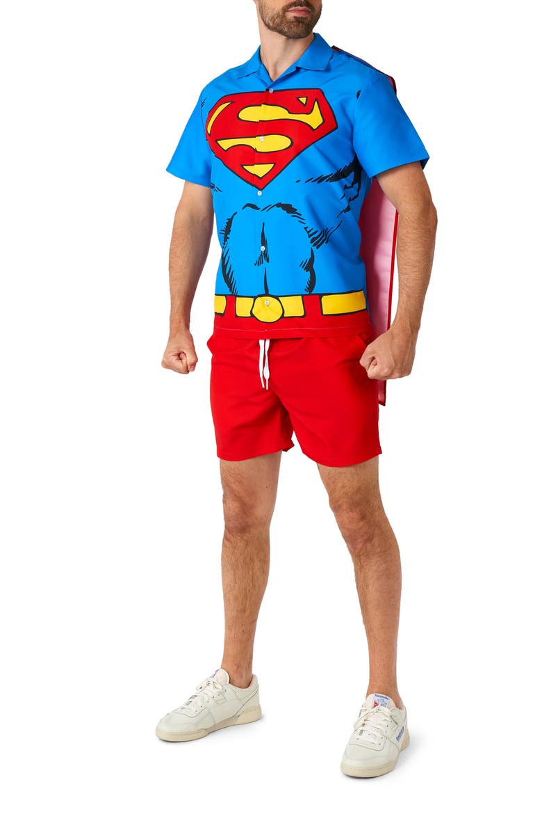 Superman Camp Shirt, Shorts & Removable Cape Set, Main, color, RED