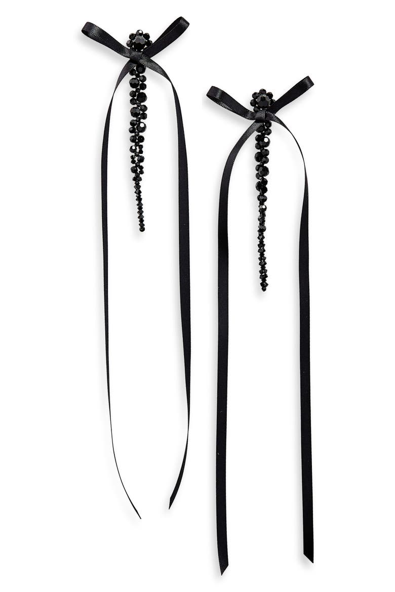 Bow Ribbon Beaded Drop Earrings, Main, color, JET/ BLACK