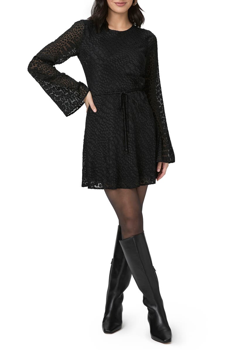 PAIGE Carmelyn Tie Waist Long Sleeve Silk Blend Minidress, Main, color, Black