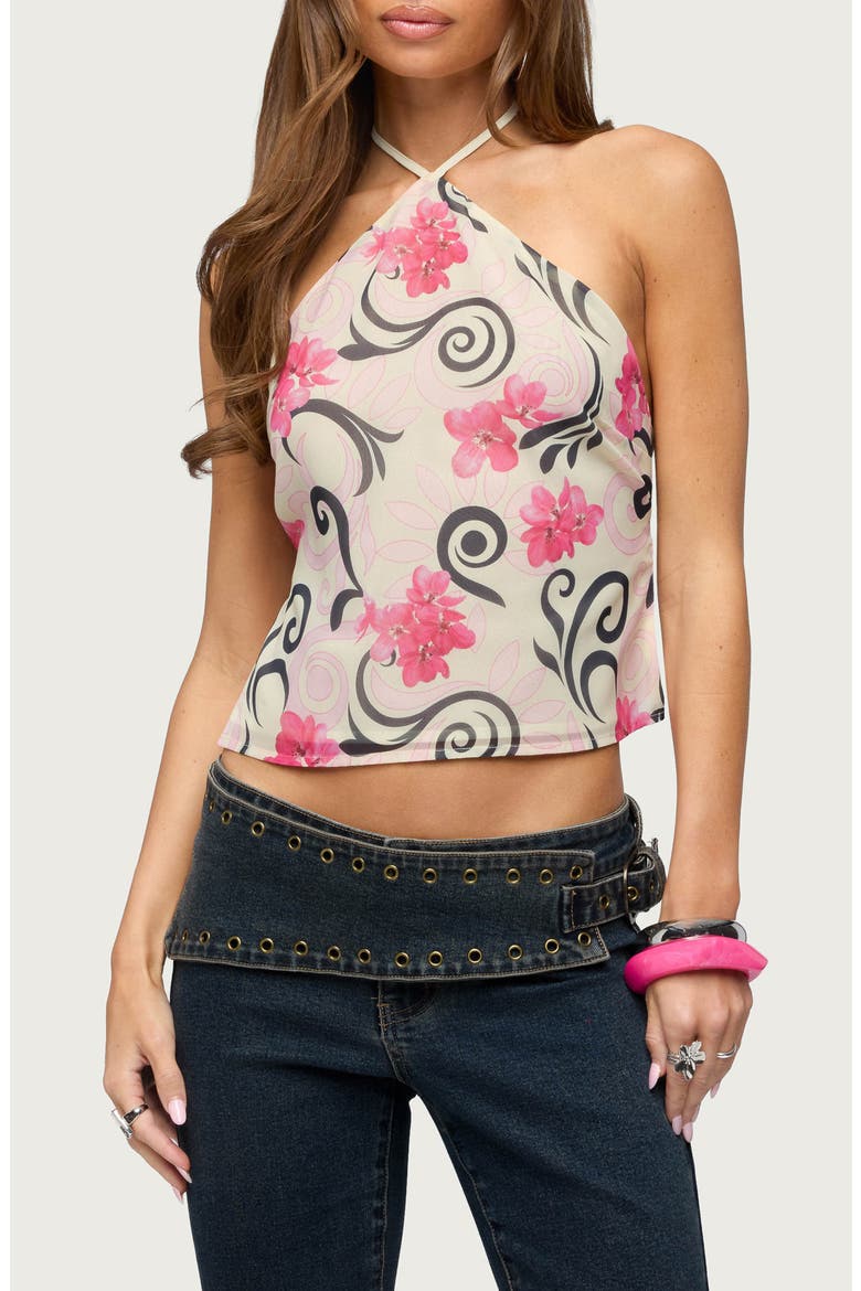 Floral Swirl Backless Chiffon Halter Top, Main, color, CREAM-AND-PINK