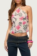 EDIKTED Floral Swirl Backless Chiffon Halter Top