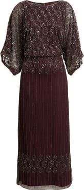 Pisarro Nights Beaded Blouson Split Sleeve Gown