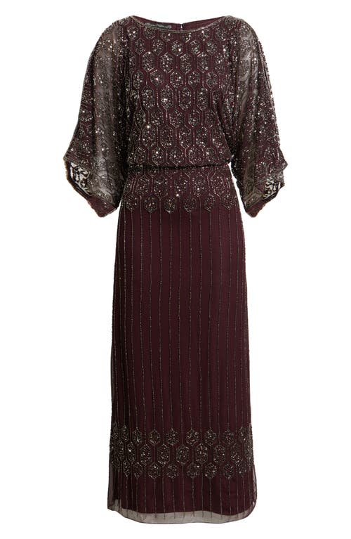 Pisarro Nights Beaded Blouson Split Sleeve Gown In Burgundy