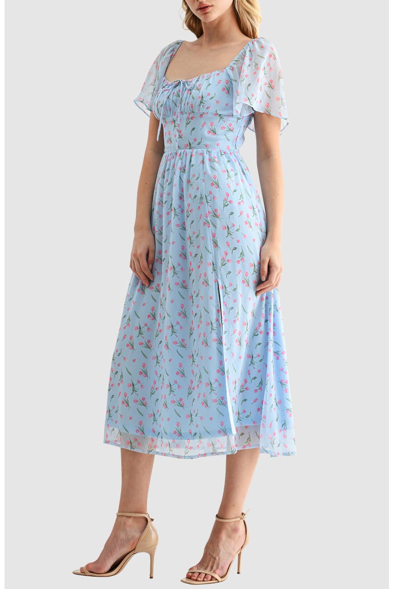 Floral Butterfly Sleeve Midi Dress, Alternate, color, LIGHT BLUE TULIP
