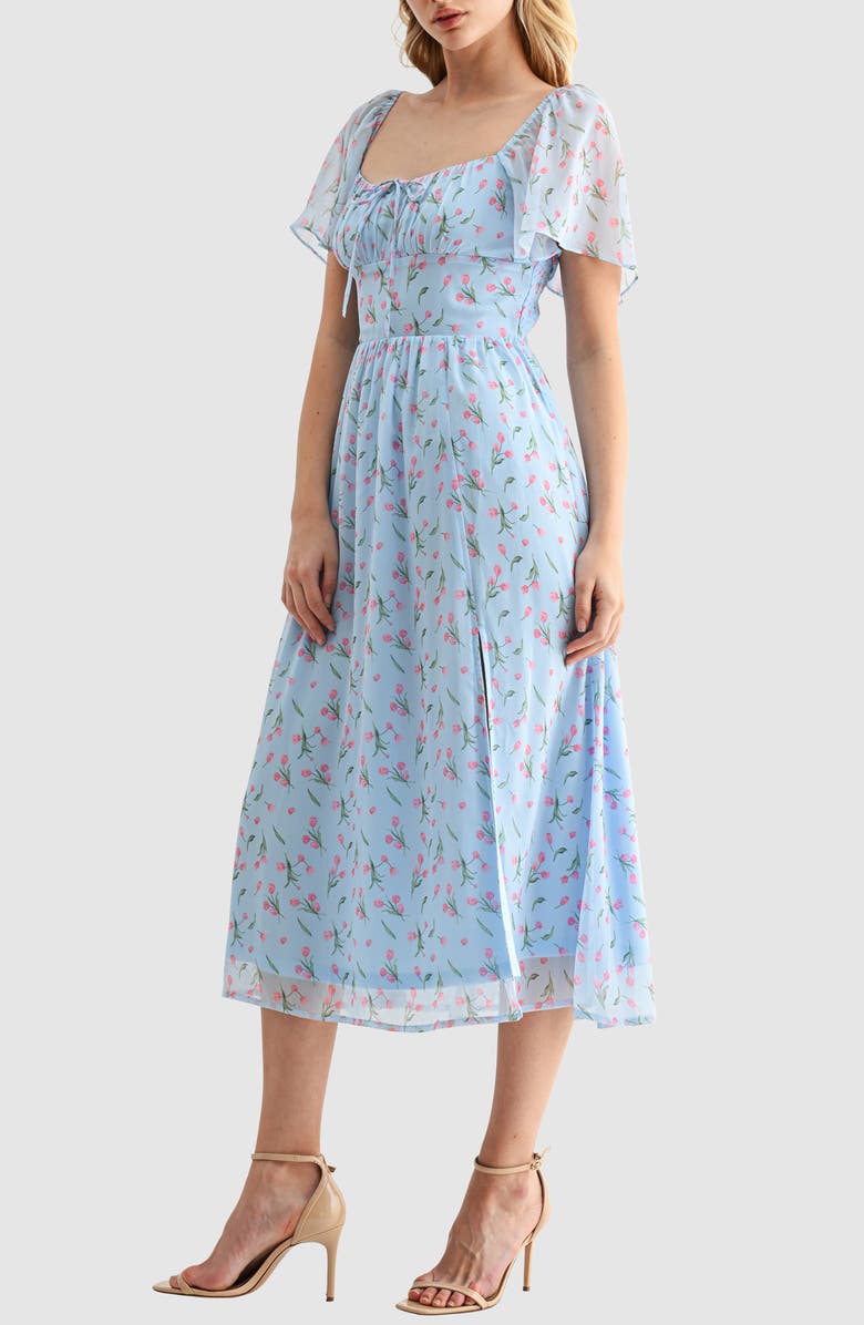 All in Favor Floral Butterfly Sleeve Midi Dress, Alternate, color, Light Blue Tulip