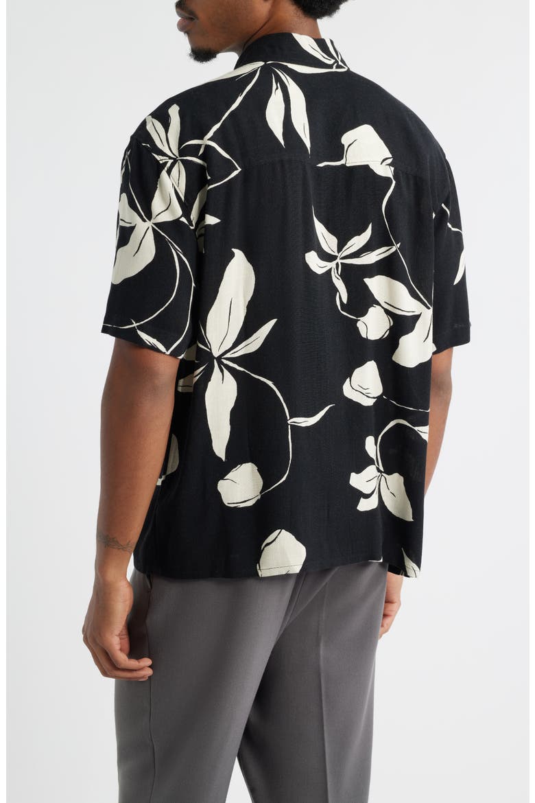 Slub Rayon Short Sleeve Button-Up Resort Shirt, Alternate, color, BLACK- IVORY LEAFY MODERN