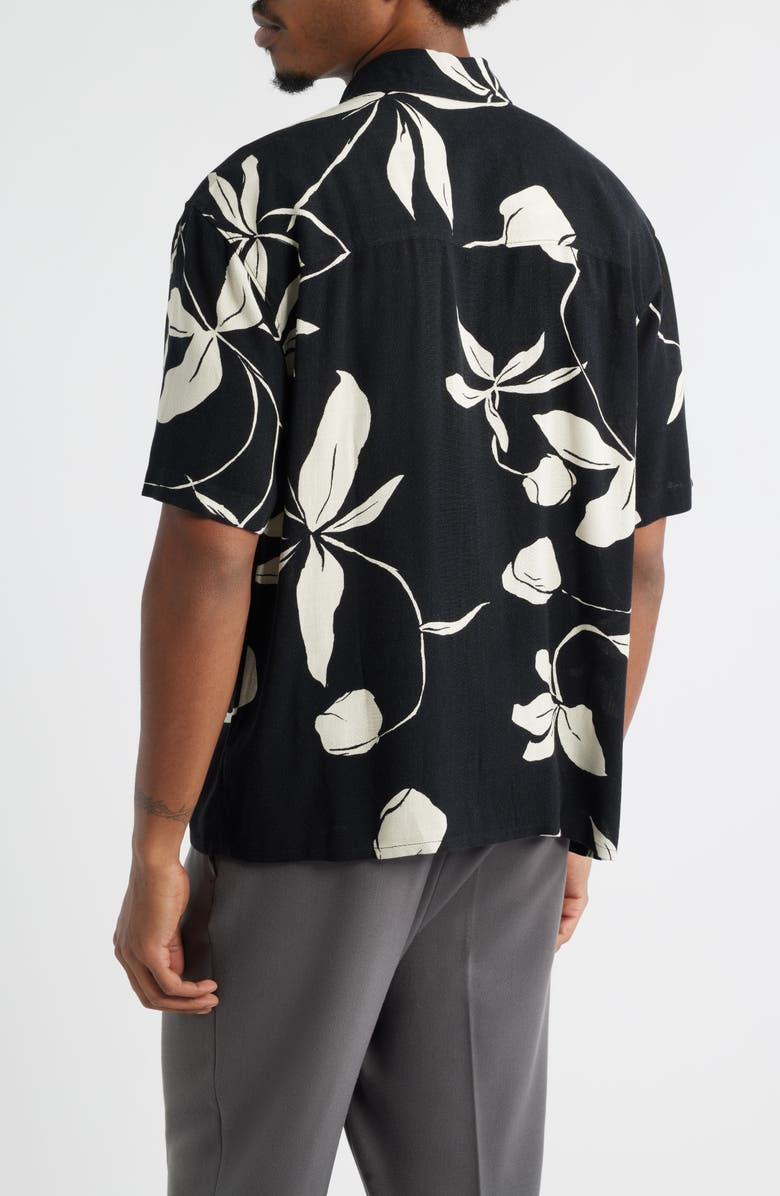 Open Edit Slub Rayon Short Sleeve Button-Up Resort Shirt, Alternate, color, Black- Ivory Leafy Modern