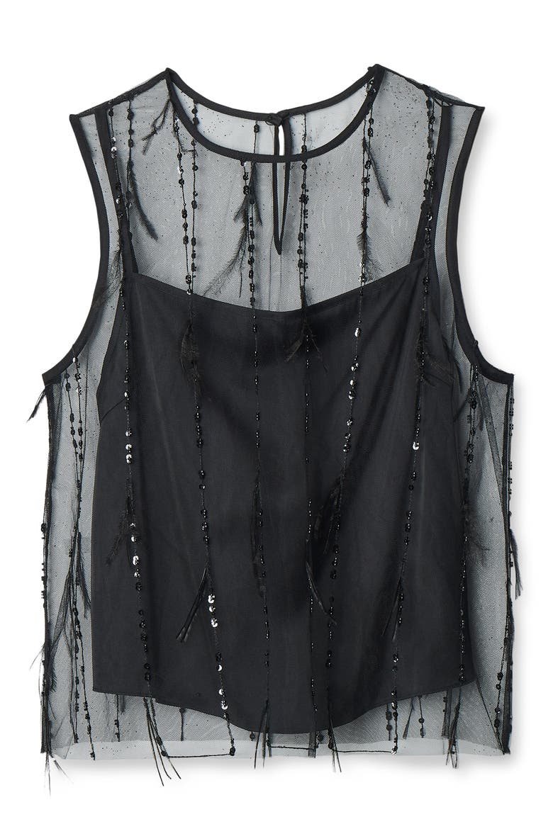 Geena Sequin Ostrich Feather Tank, Alternate, color, BLACK