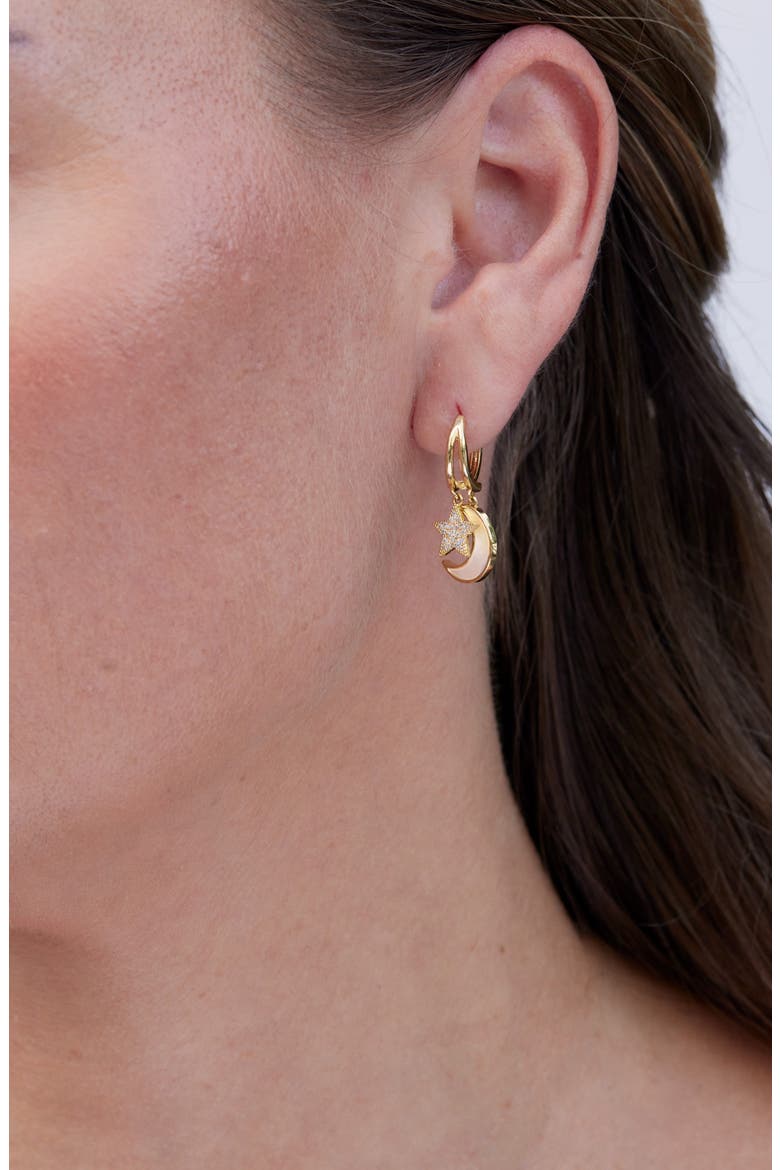 Celestial Mother of Pearl Huggie Hoop Earrings, Alternate, color, YELLOW