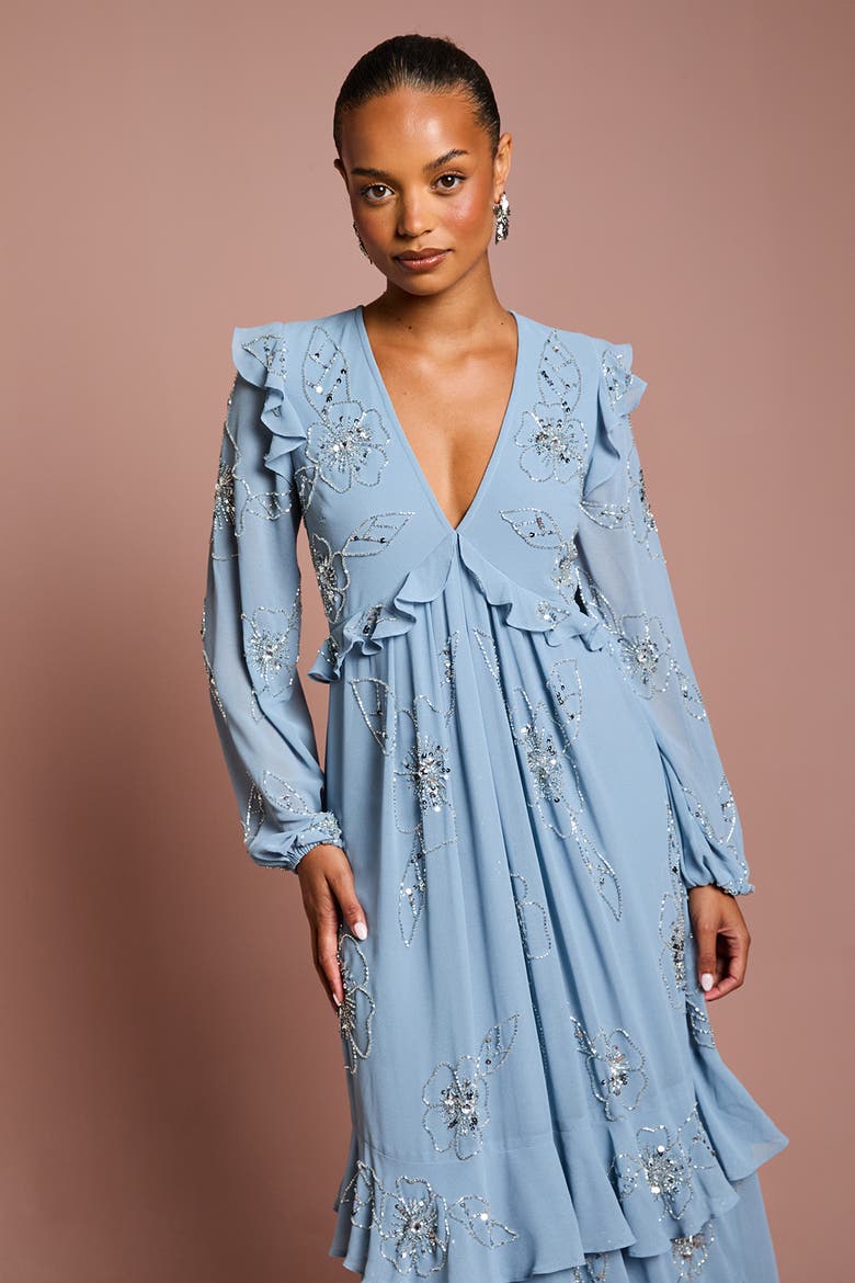 Petite Embellished Flower Georgette Dress, Alternate, color, Dusty Blue