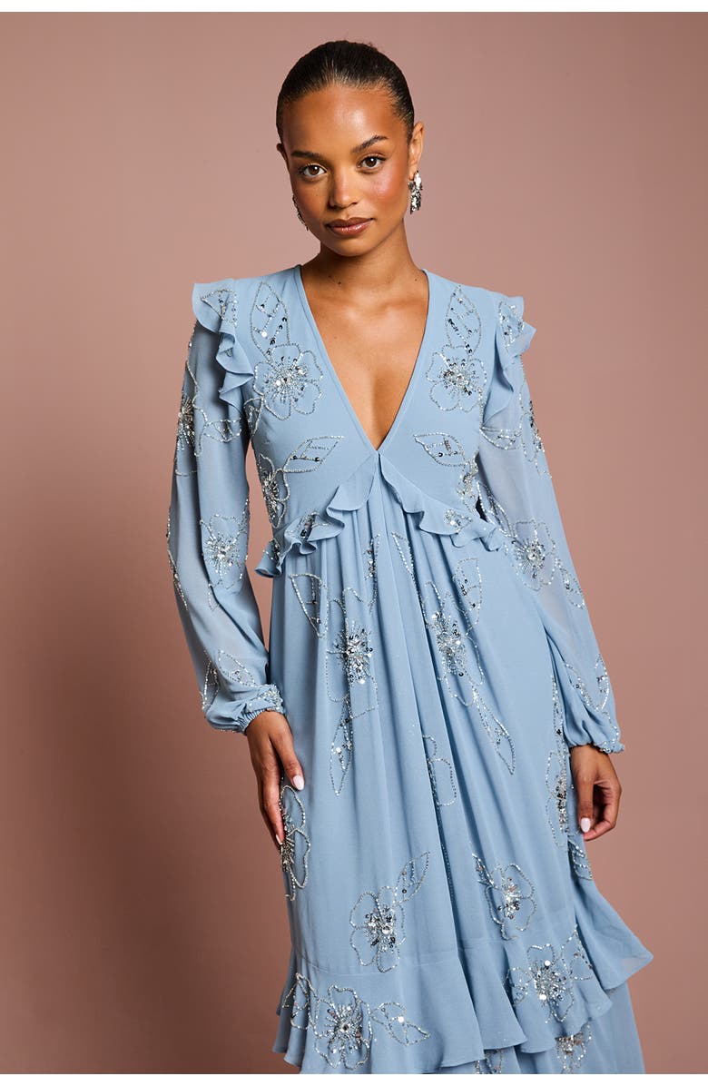 Coast Embellished Flower Georgette Midi Dress, Alternate, color, Dusty Blue