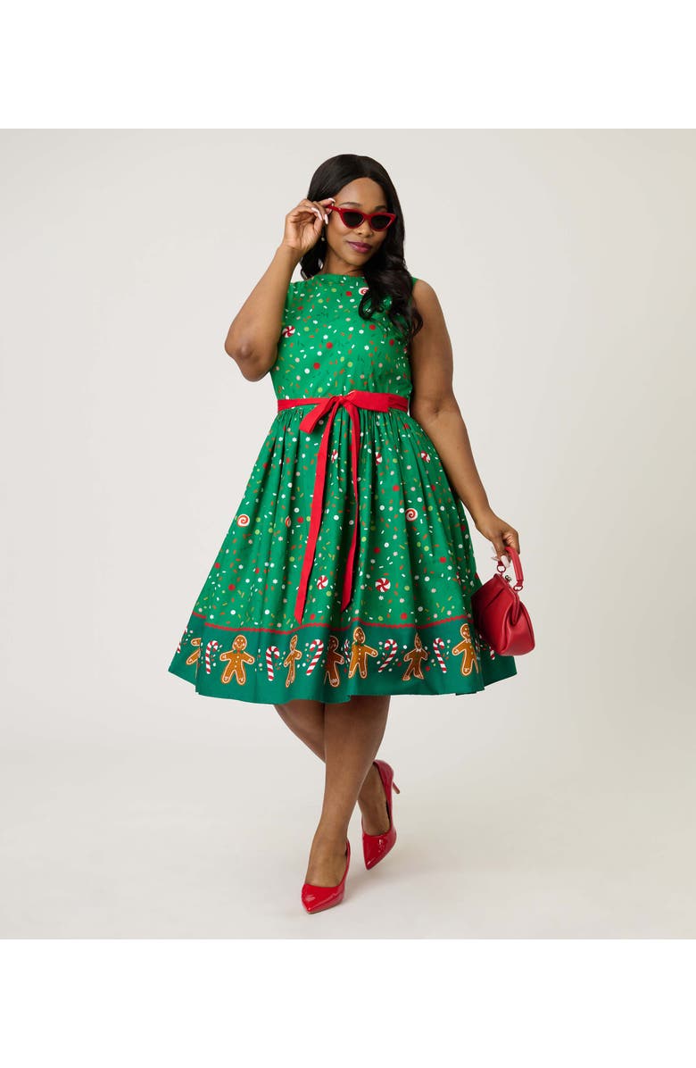 Unique Vintage Plus Size Sleeveless Belted Swing Dress, Alternate, color, Green Gingerbread Print