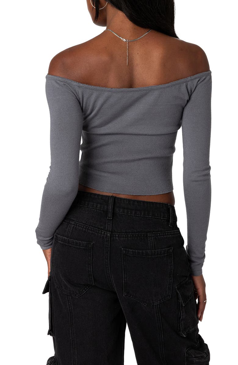 EDIKTED Jane Tie Front Off the Shoulder Long Sleeve Crop Top, Alternate, color, Gray