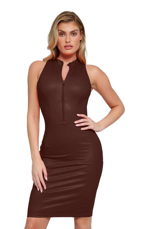 Shapewear Sculpting Faux Leather Zip Front Midi Dress