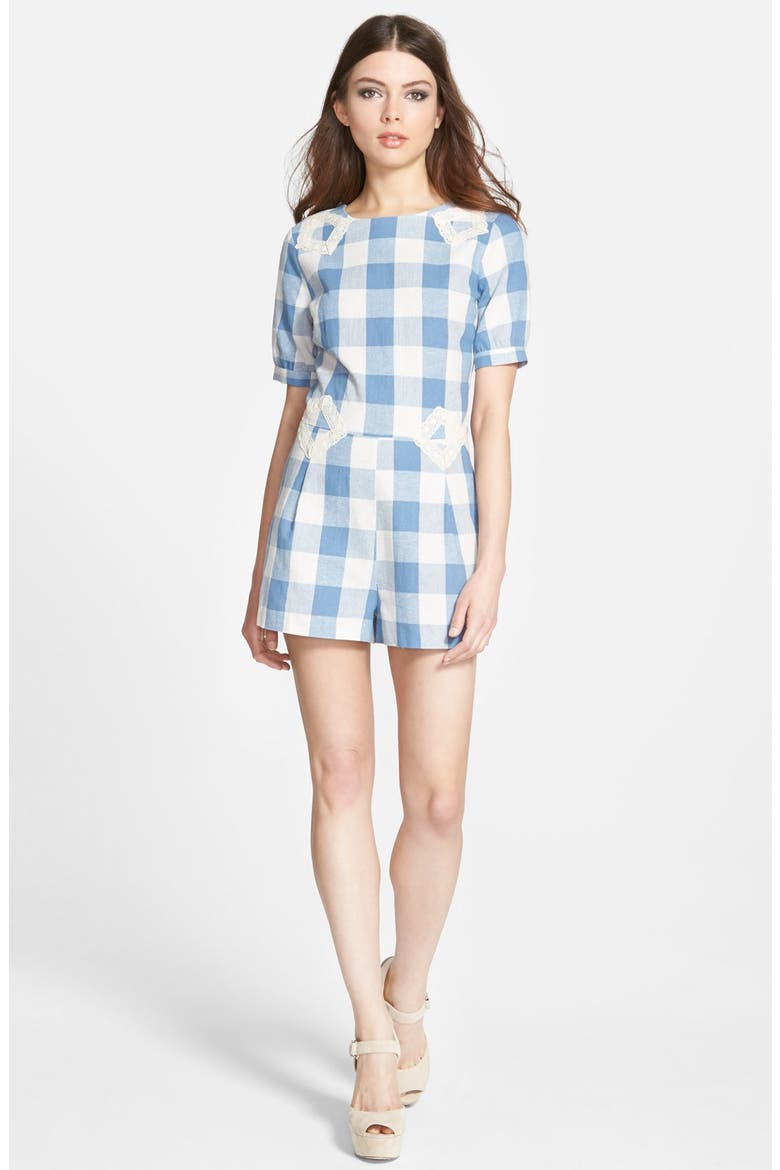 'Frolick' Check Romper, Main, color, BLUE