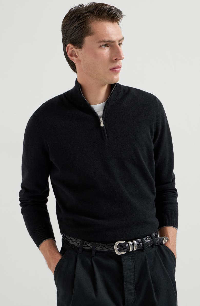 Brunello Cucinelli Cashmere sweater with half zip, Alternate, color, Black