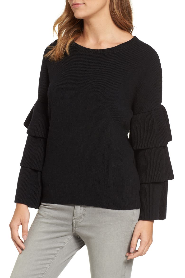Ruffle Sleeve Sweater, Main, color, BLACK